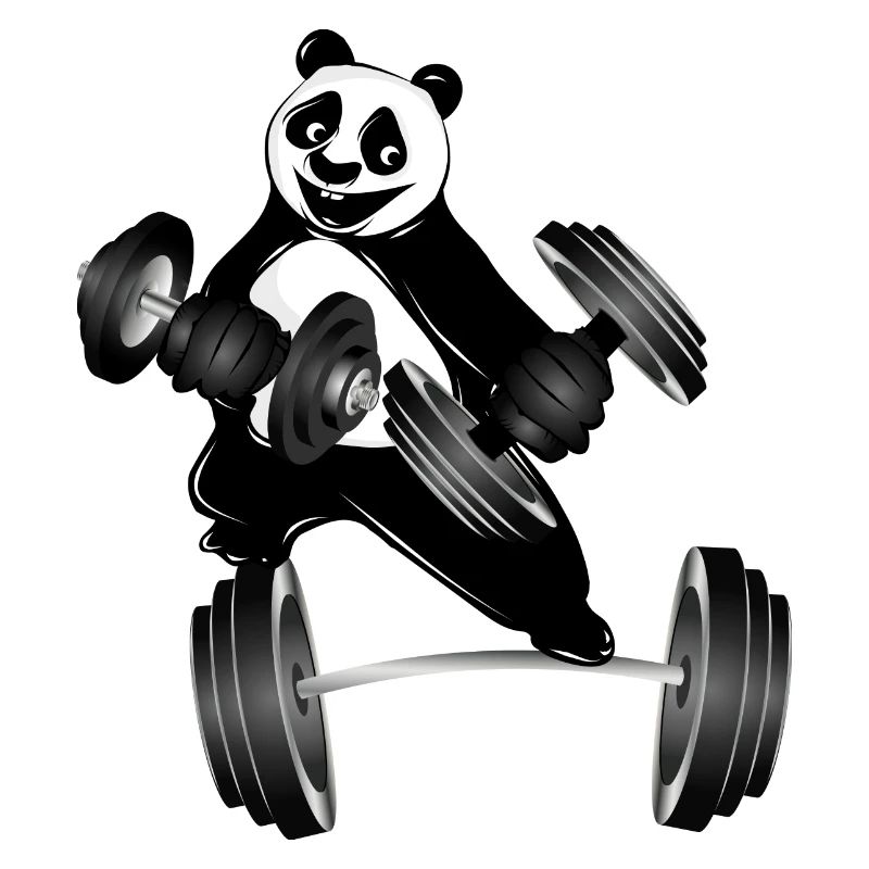 Bodybuilder panda bear with dumbbells while exercising