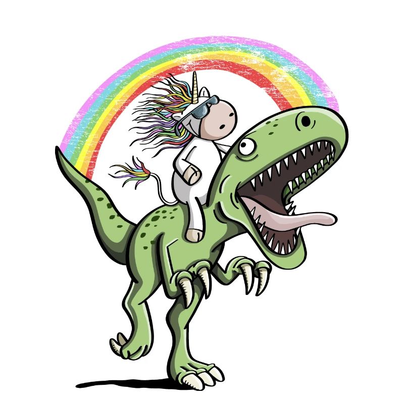Unicorn Rides Dinosaur T Rex Under Rainbow