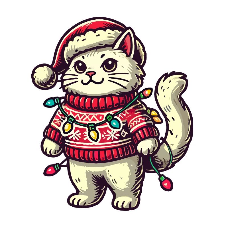 Chat de Noël en pull avec des guirlandes lumineuses