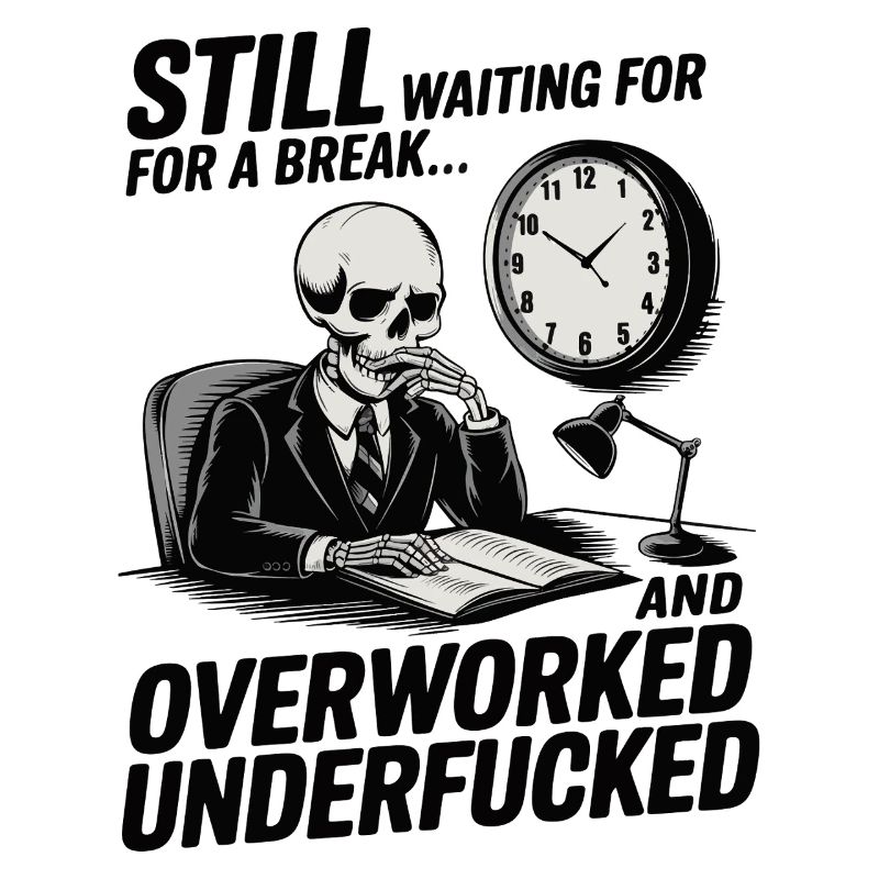 Überlastetes Skelett – Büroalltag Schwarzer Humor
