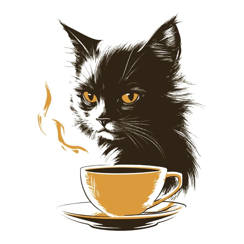 Katze mit gelber Kaffeetasse und dampfendem Kaffee