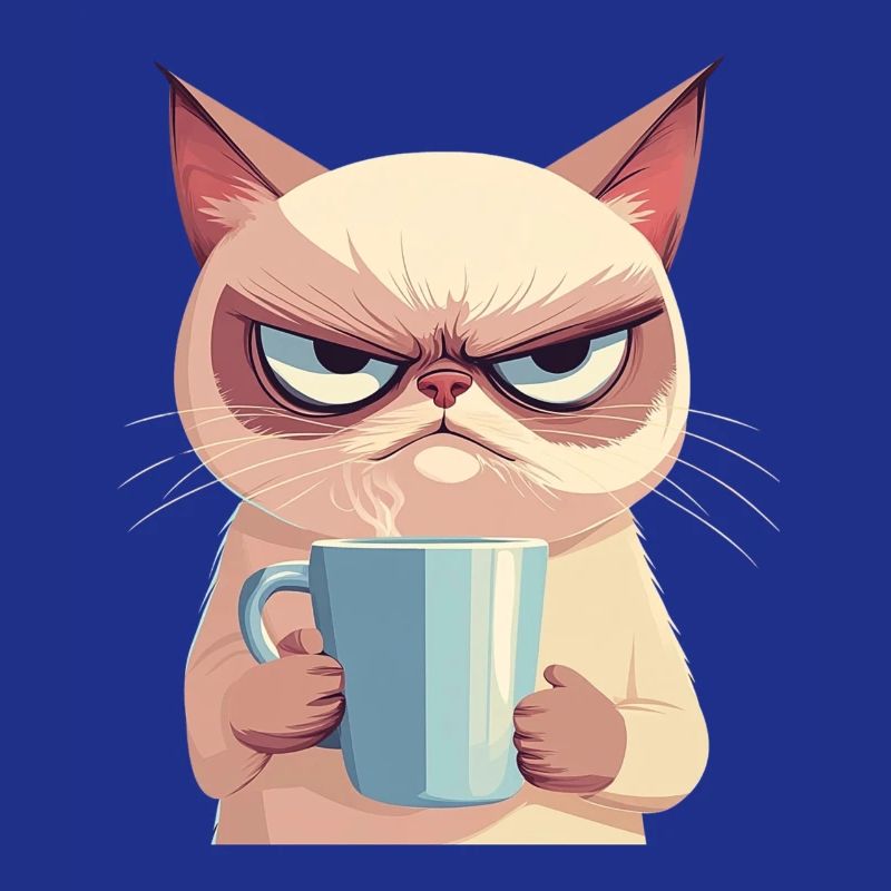 Grumpy-Stil: Grantige Katze mit Kaffee