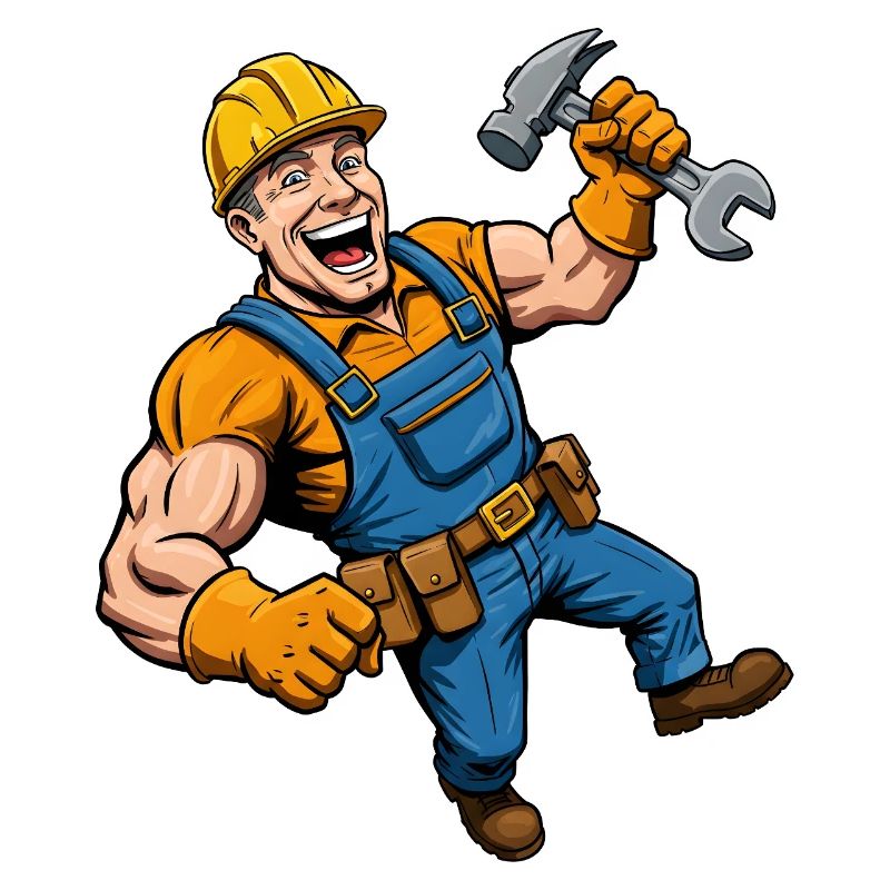 Cheerful cartoon construction worker with tools