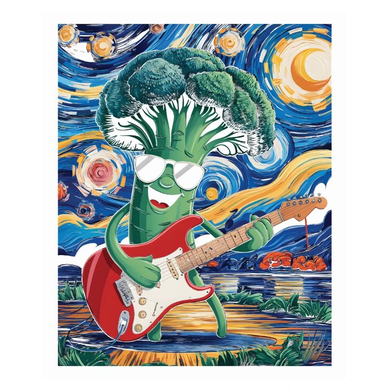Broccoli with guitar in the starry sky
