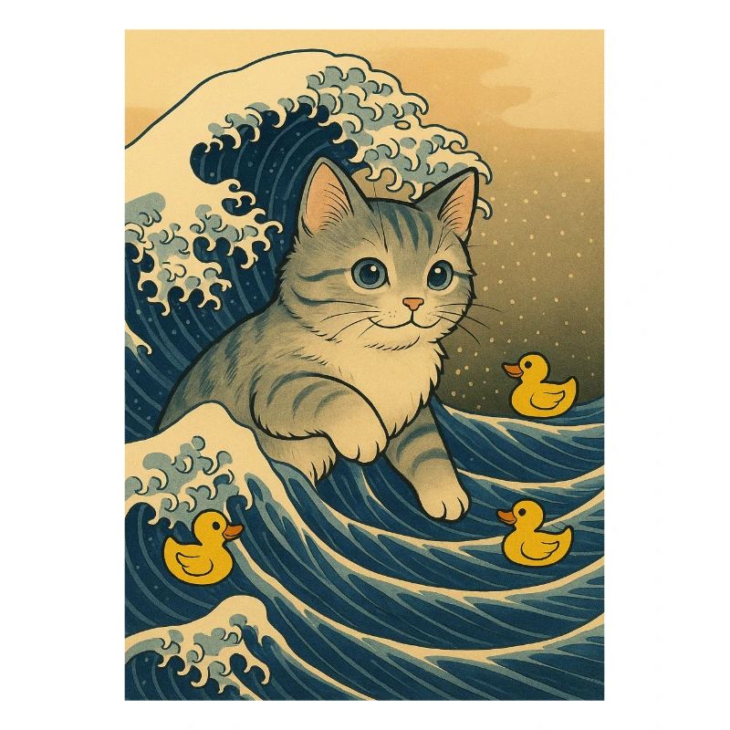 Chats dans la mer de vagues avec des canards