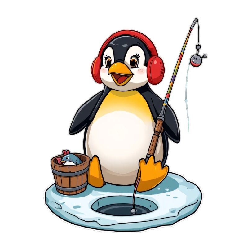 Pingouin pêcheur sur glace avec cache-oreille