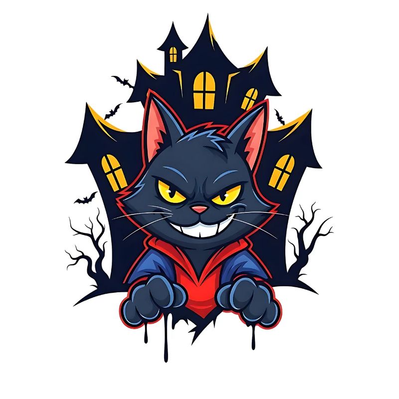 Chat souriant devant une maison hantée
