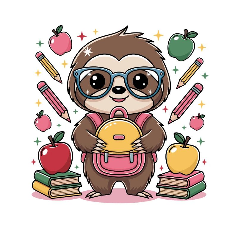 Cute sloth surrounded by backpack and glasses