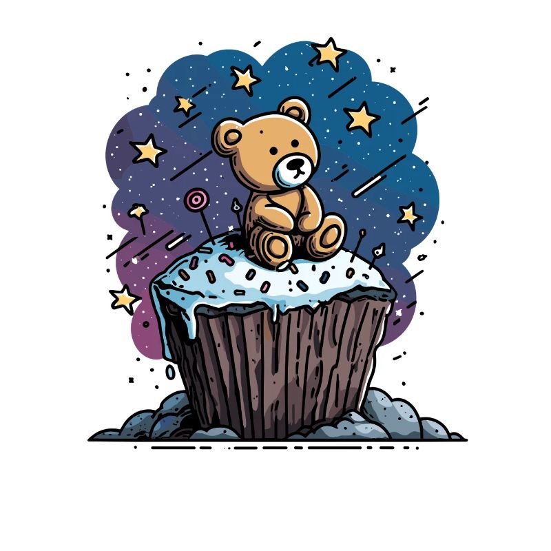 Cuddly bear on cupcake in space