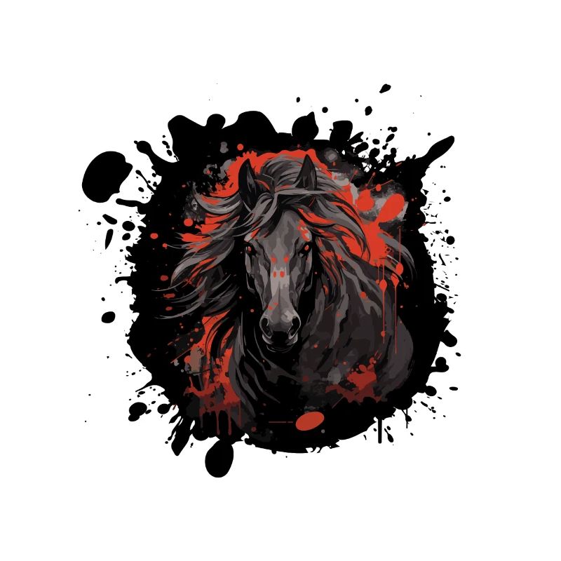 Cheval noir avec des éclaboussures rouges