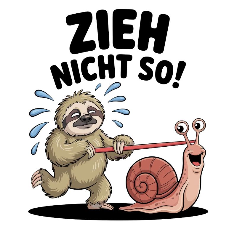 Sloth pulling snail, funny cartoon