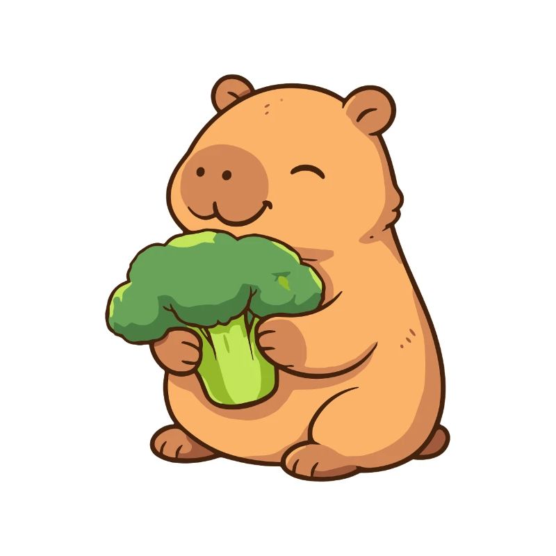Capybara with broccoli – relaxed & cute