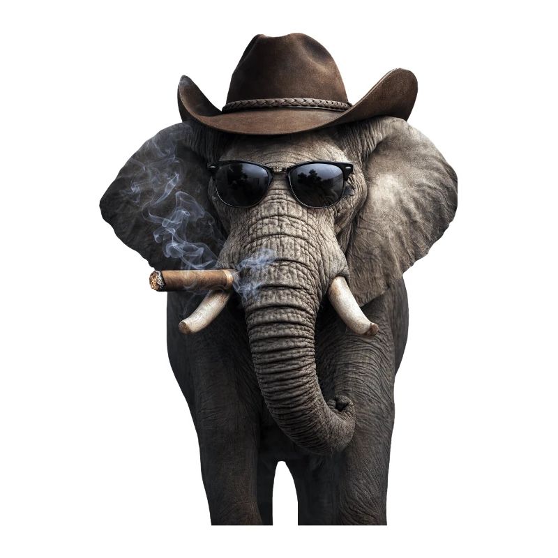 Elefant mit Cowboyhut und Zigarre