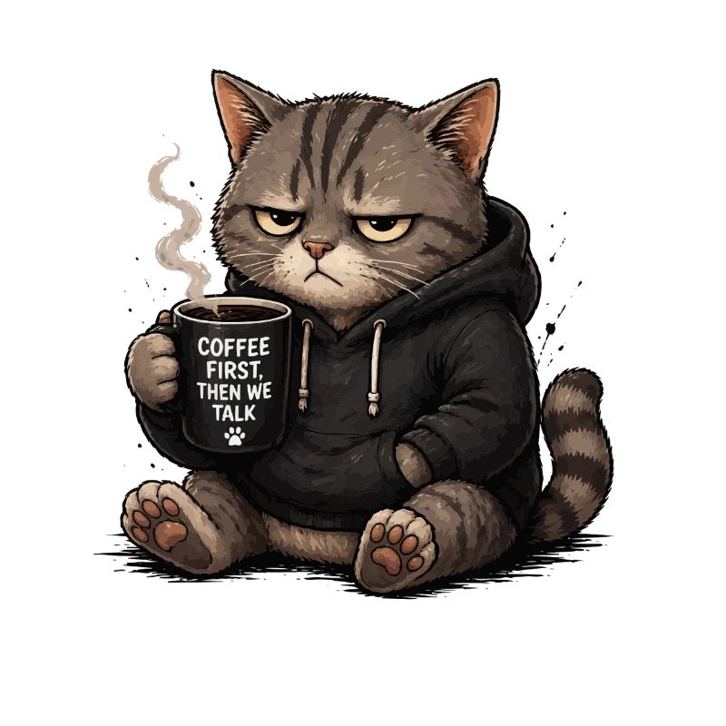 Chat avec sweat à capuche : le café d’abord