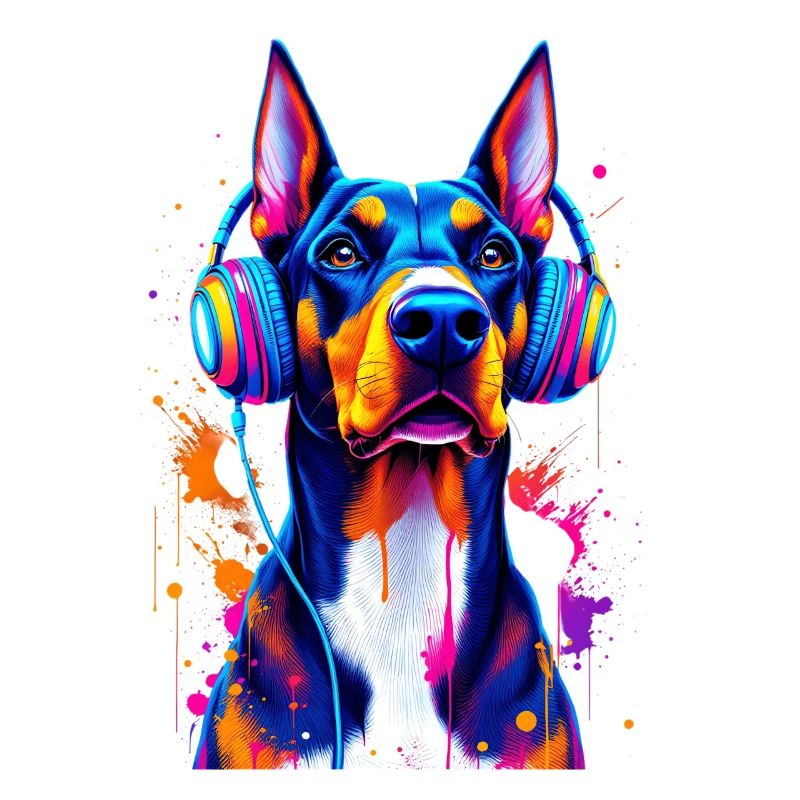 Dobermann mit Kopfhörern