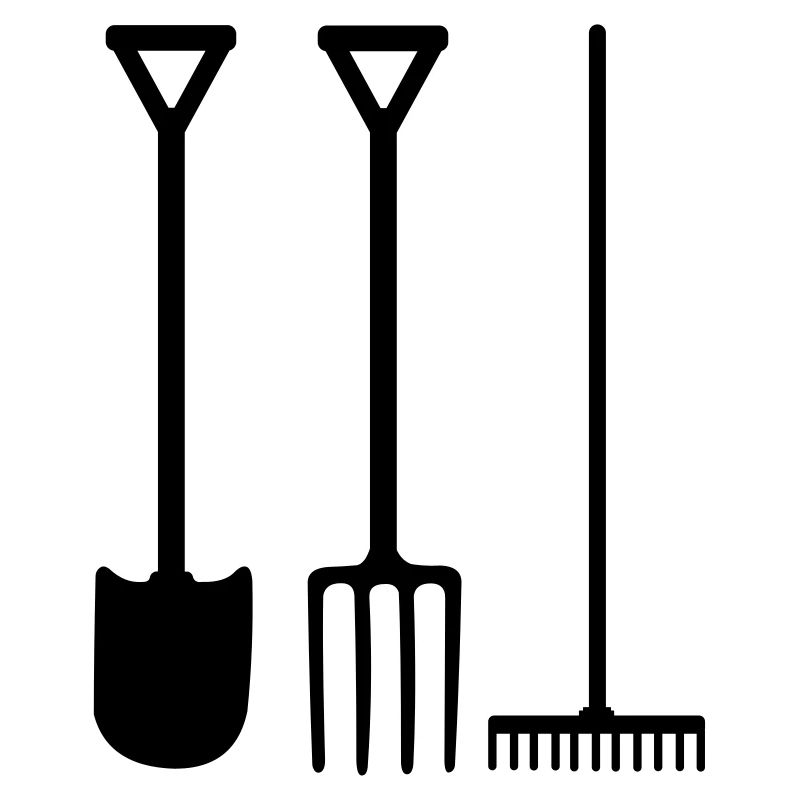 Garden tools shovel rake and pitchfork