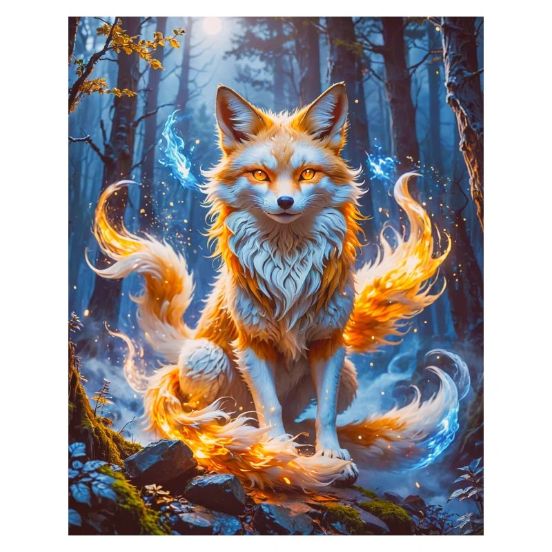 Elegant multi-tailed Kitsune with glowing foxfire