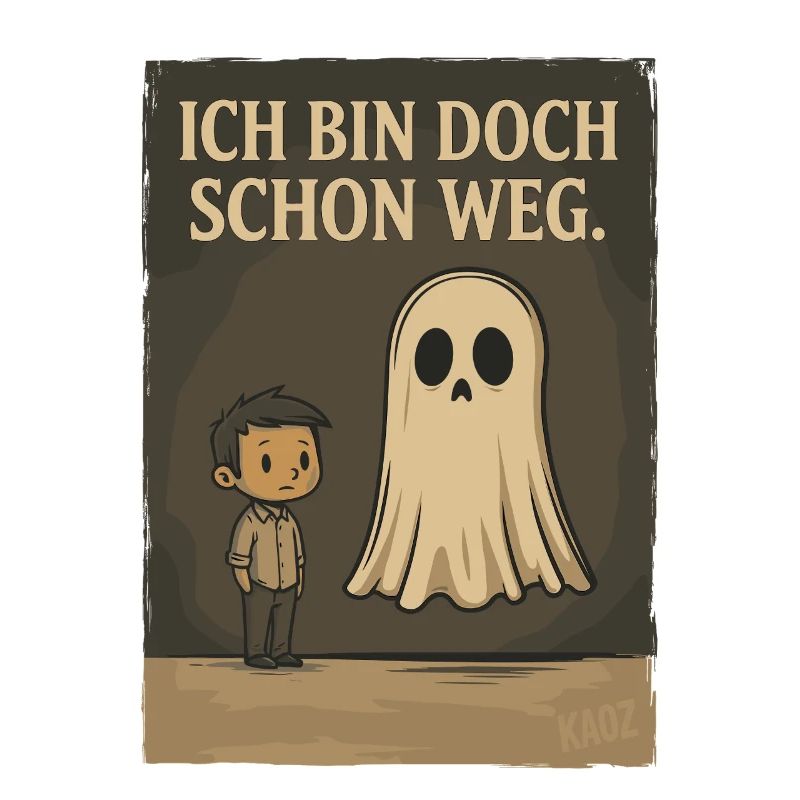 Junge mit Geist und Text „Ich bin doch schon weg“