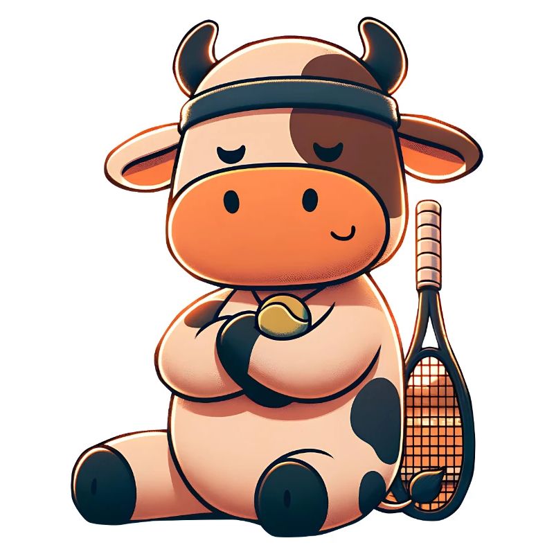 Mignonne vache de tennis avec raquette et balle