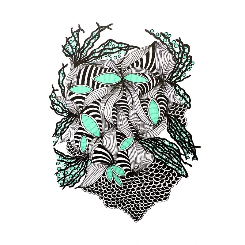 Line Flowers Pattern Mint Accent