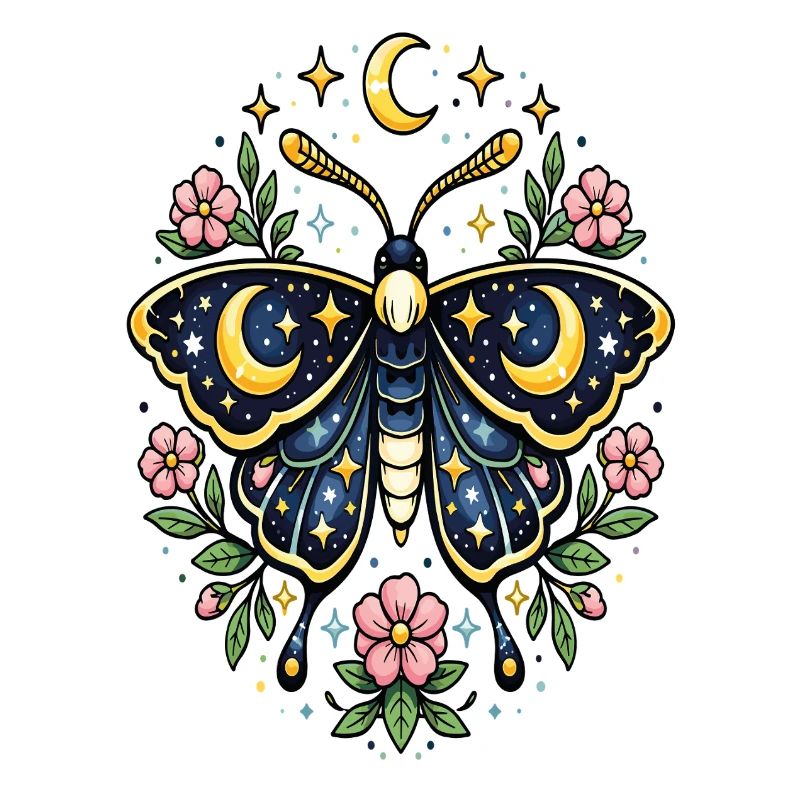 Papillon céleste lune fleurs étoiles