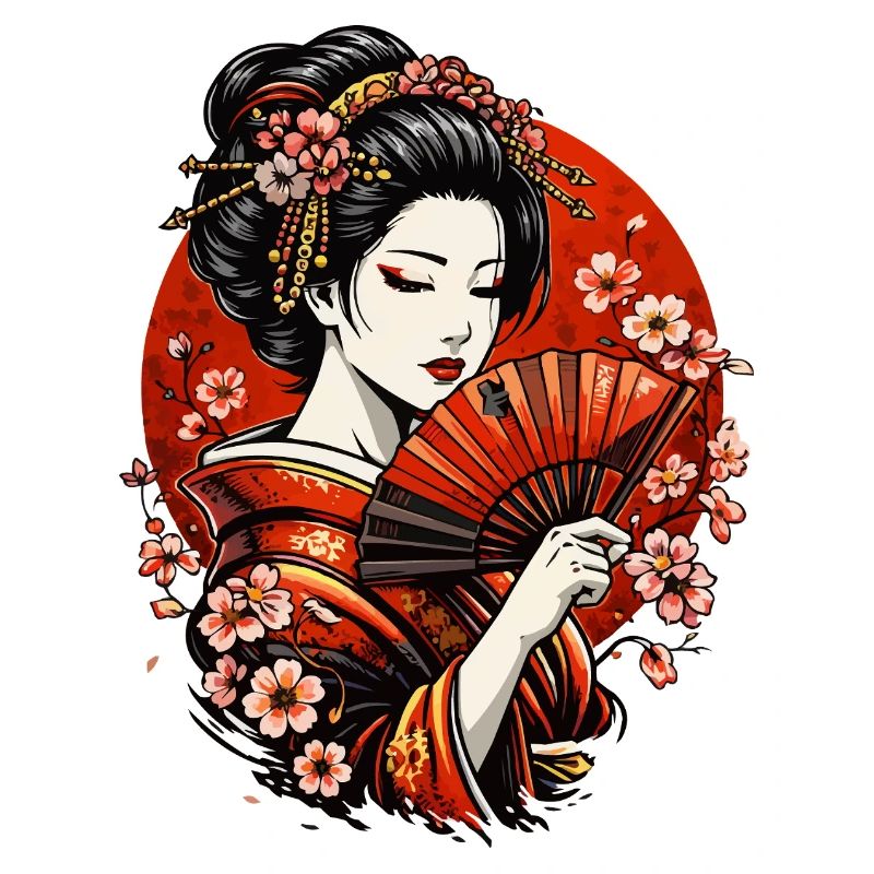 Geisha mit Fächer und Kirschblüten