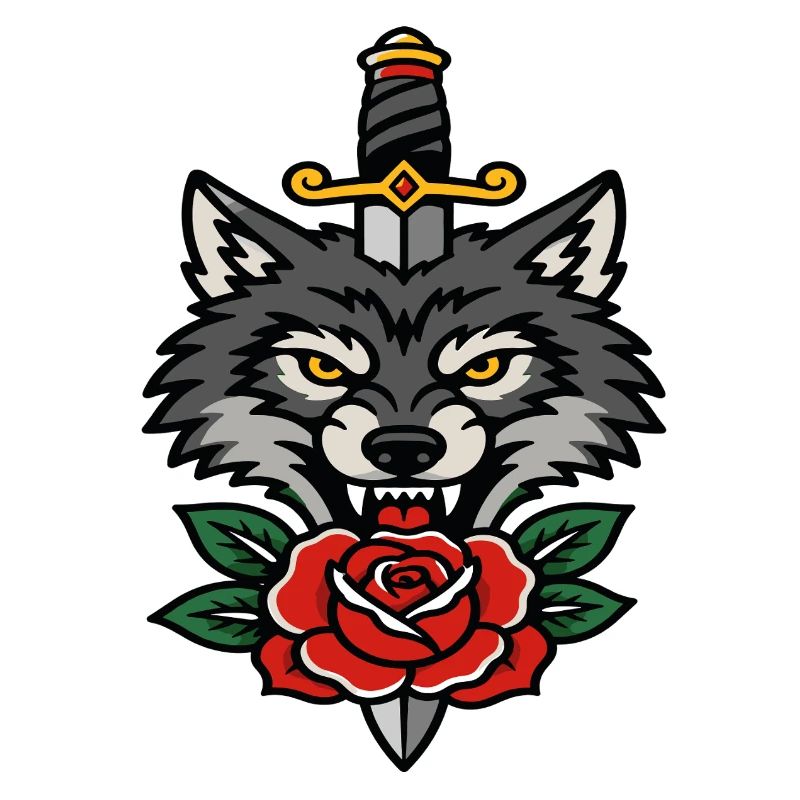 Fierce wolf dagger and pink style tattoo
