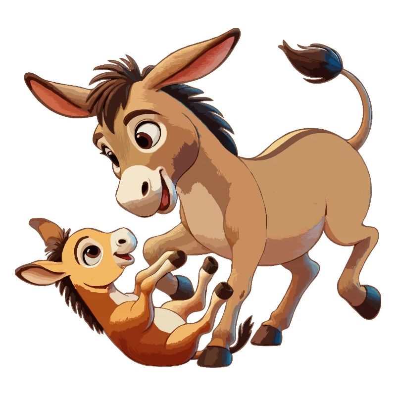 La mère âne batifole avec l’enfant brun