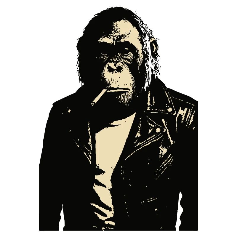 Orang-Utan raucht eine Zigarette in einer Lederjacke