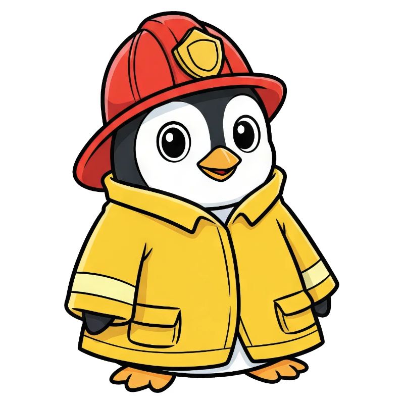 Dessin animé Pompier Aidant Pingouin Mignon
