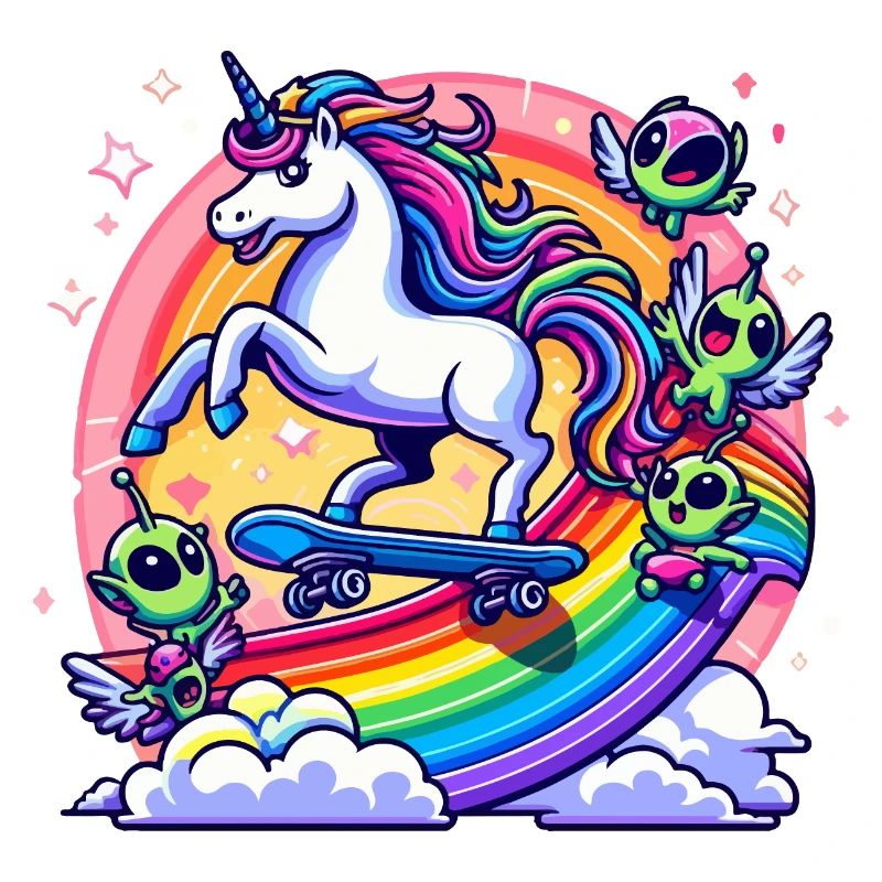 Einhorn auf einem Skateboard auf einem Regenbogen mit Aliens