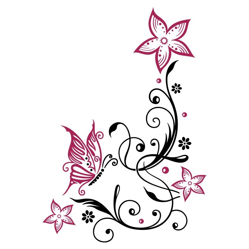 Florale Ranke mit Blüten und Schmetterling