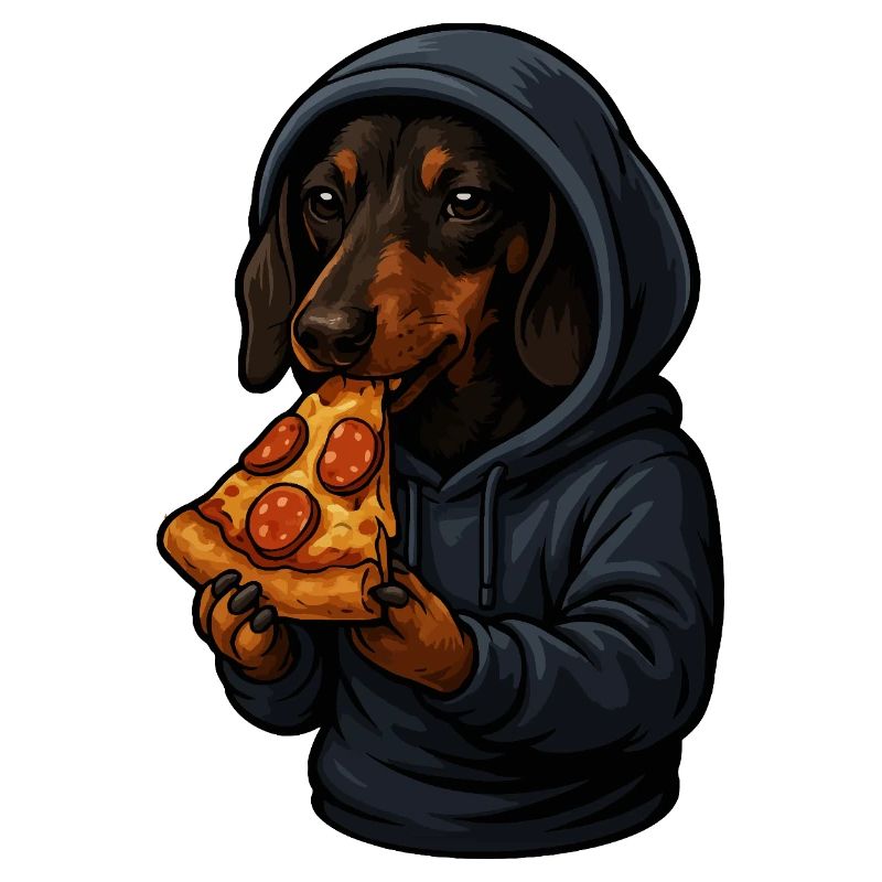 Teckel en sweat à capuche mangeant de la pizza