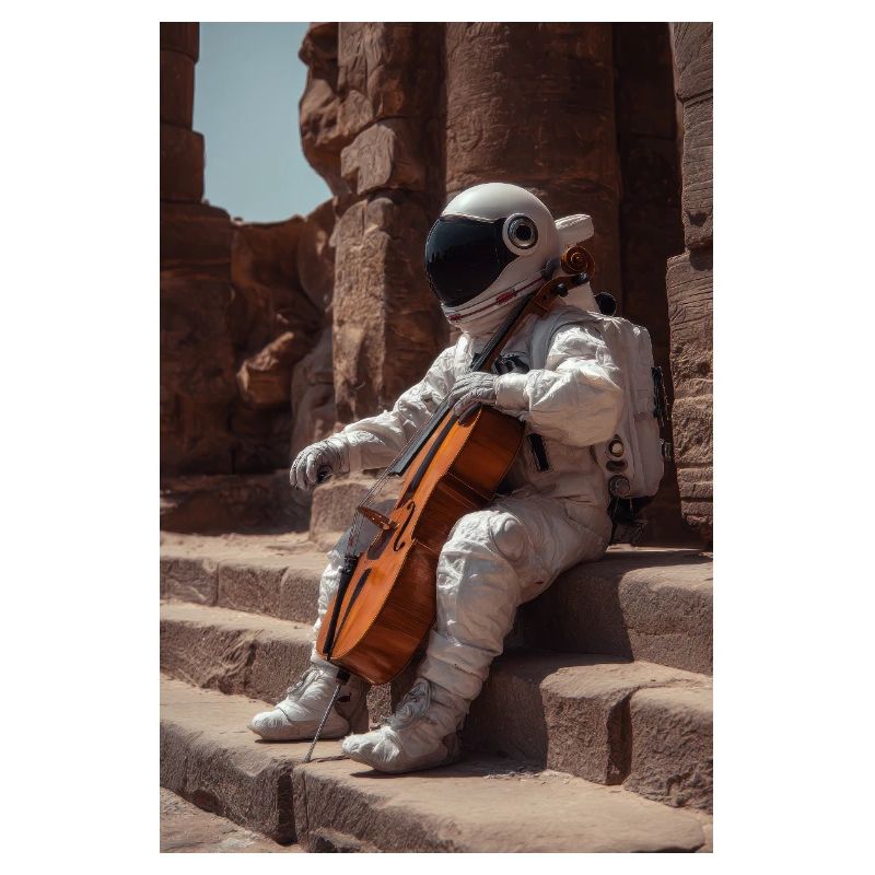 Astronaute avec violoncelle sur des marches antiques