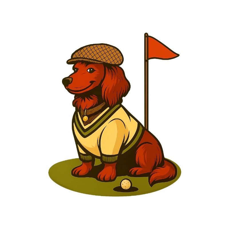 Teckel de golf en tenue rétro avec drapeau.