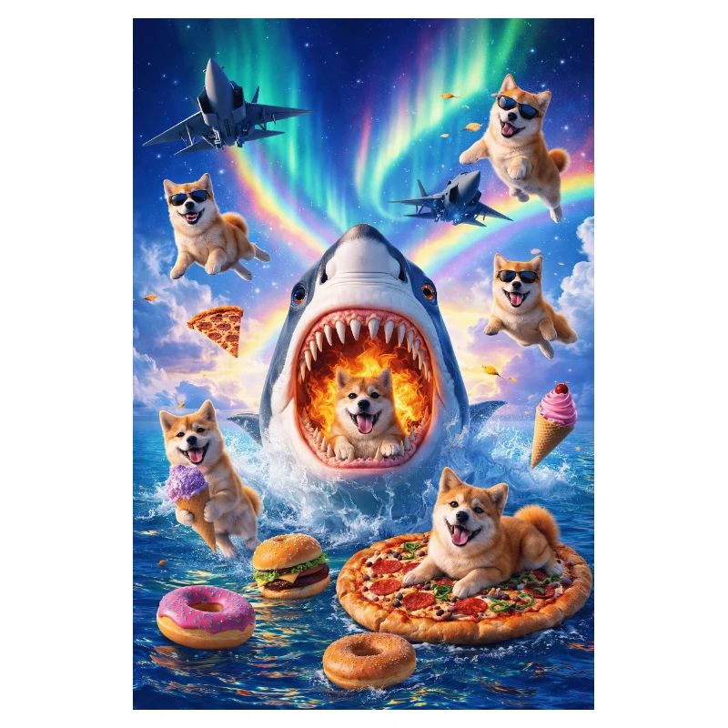 Requin avec pizza et chiens de l’espace