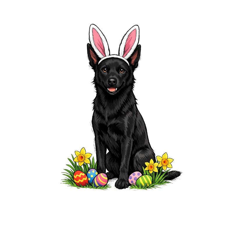 Easter dog with bunny ears and Easter eggs