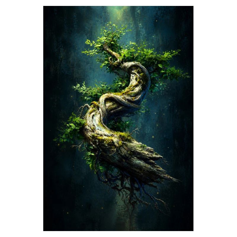 Spiral Verdant Tree in Dark Abyss