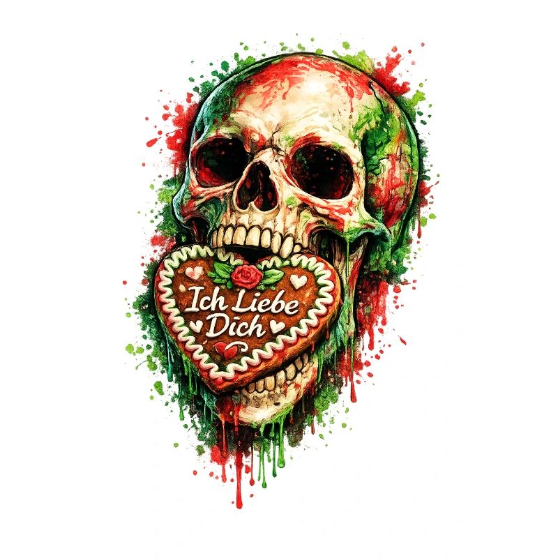 Skull biting into gingerbread heart. AI generated