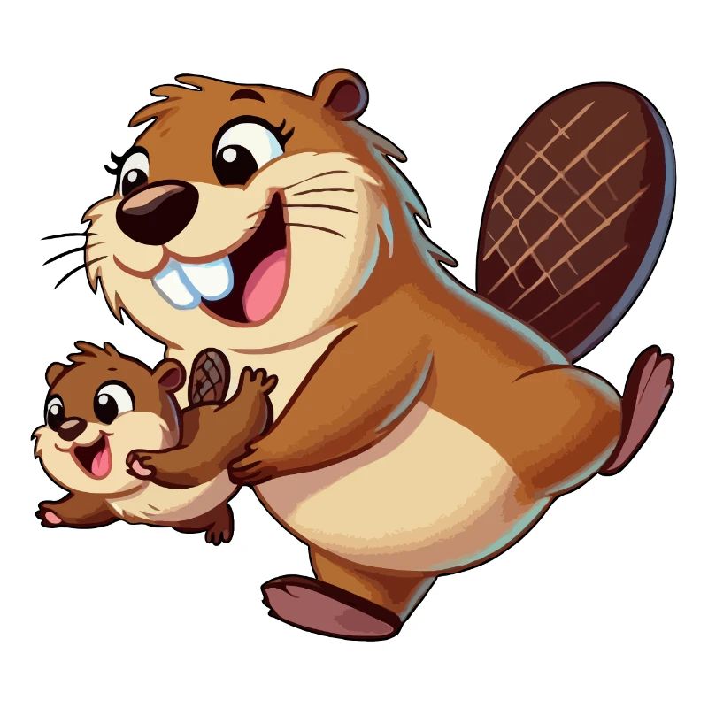 Bibermutter mit herumtollendem Kind