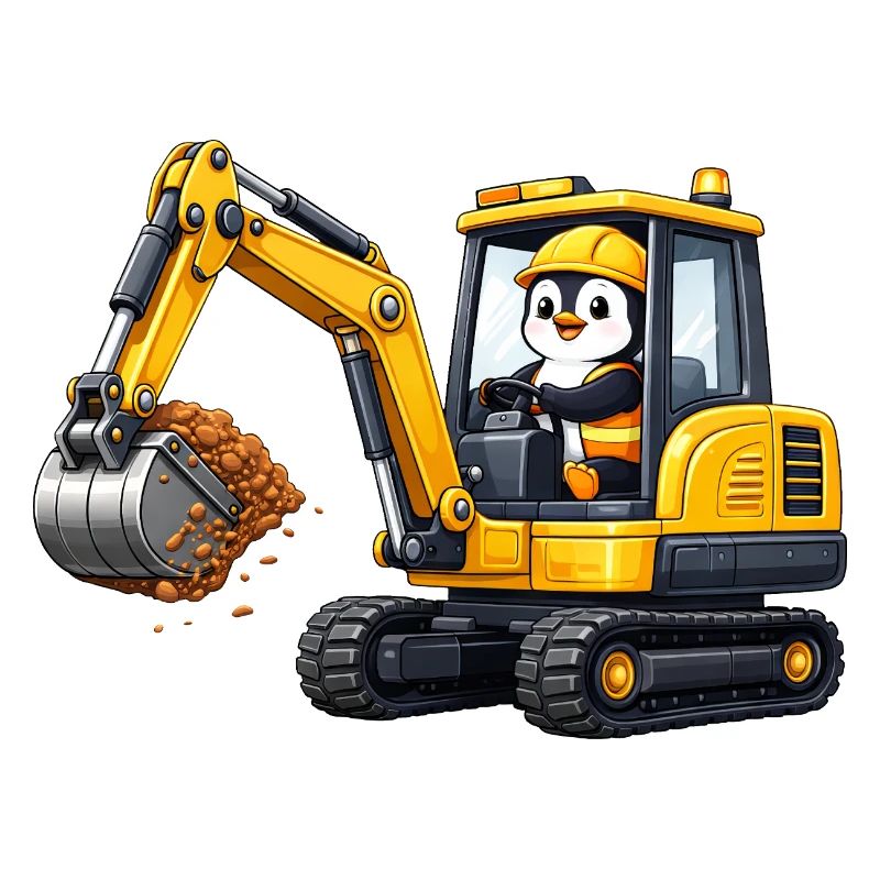 Cute Penguin Excavator Driver Construction Worker Cartoon