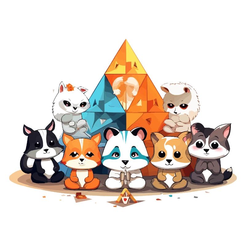 Des chats devant des pyramides de cristal colorées