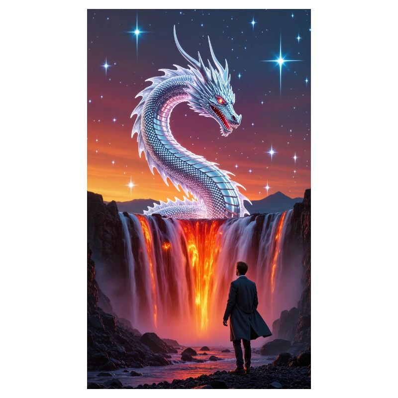 Fiery dragon's tail over waterfall