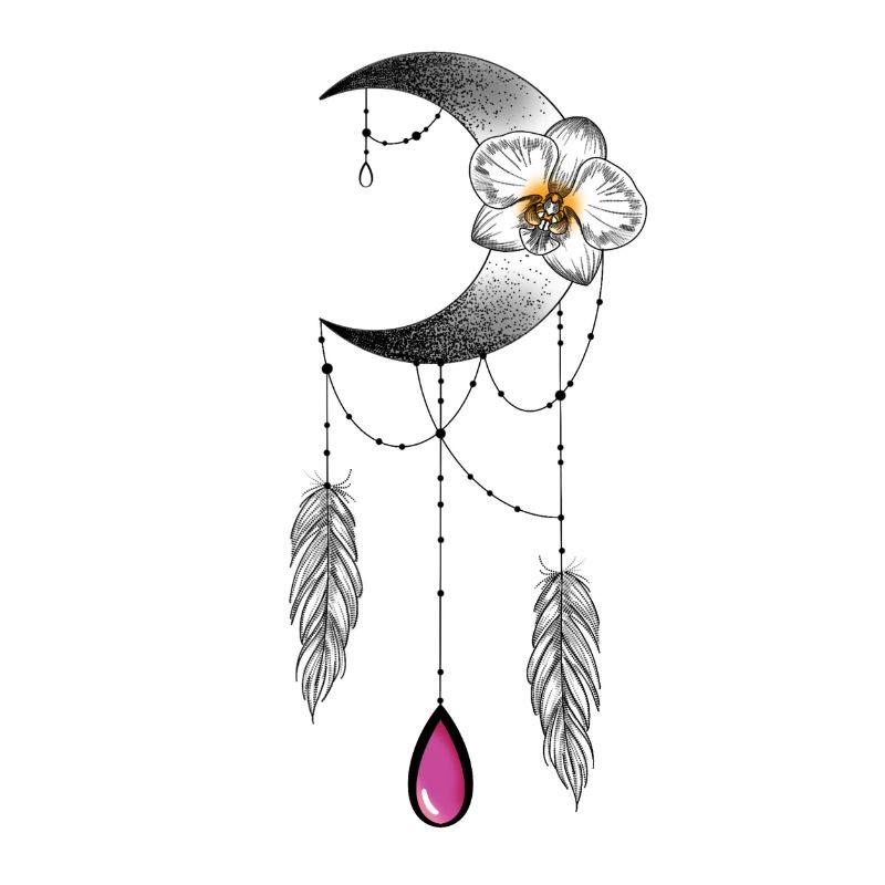 Lune orchidée plume et perle type attrape rêve 