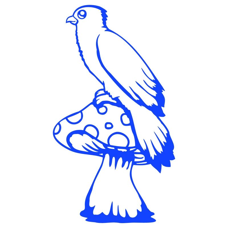 Bird sitting cute big mushroom dots toadstool