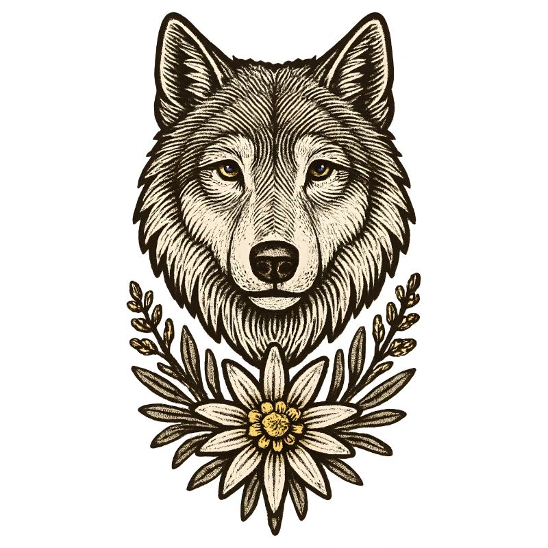Wolfskopf mit Edelweiß