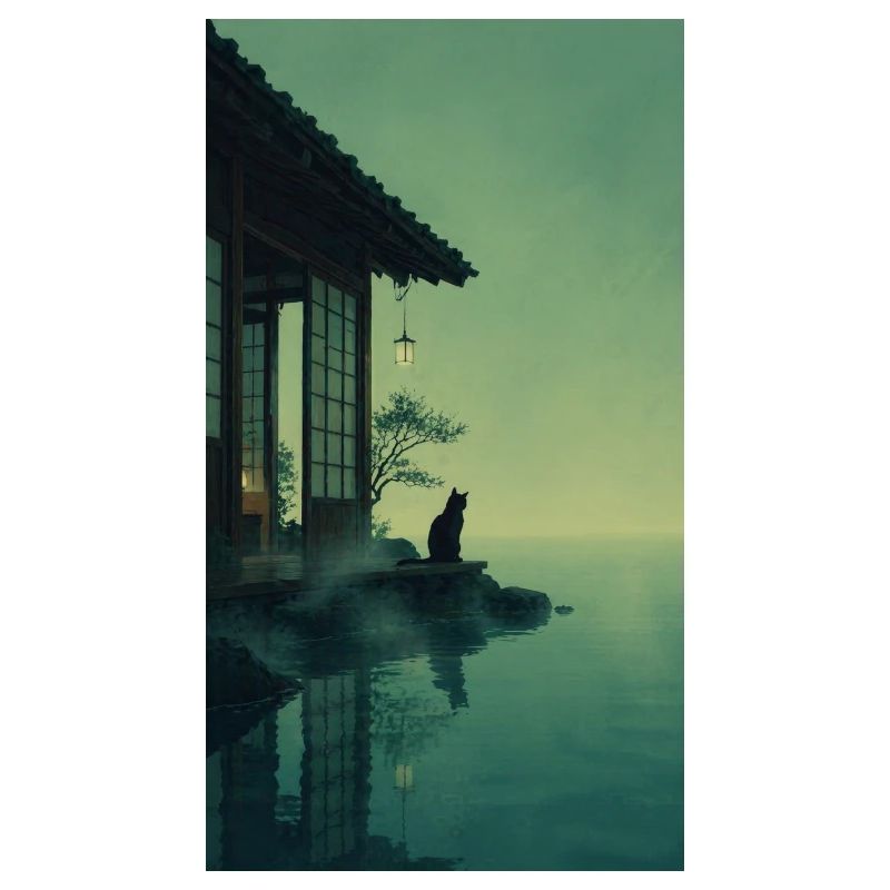 Schwarze Katze am Teehaus – Asian Zen Design
