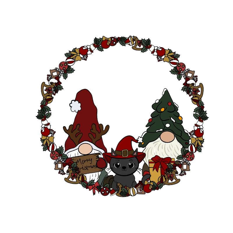 Wichtel mit Katze  im Weihnachtskranz