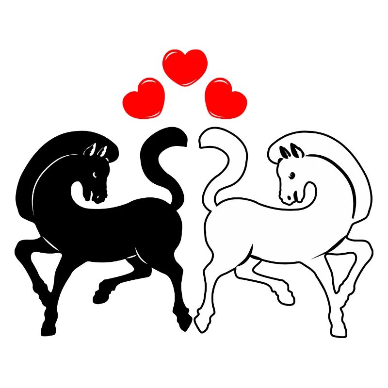 Two horses black and white with three hearts