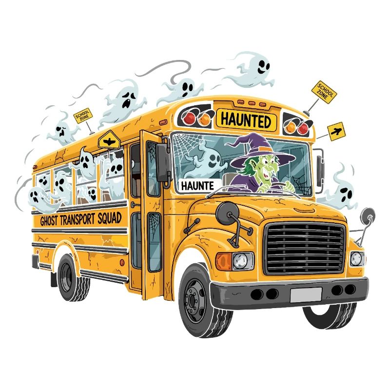 Haunted School Bus with Ghosts and Witch